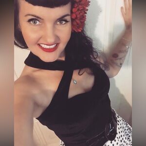 Unique Vintage Brand Black Velvet Pinup Halter Top, Medium, Stretch, Good Used